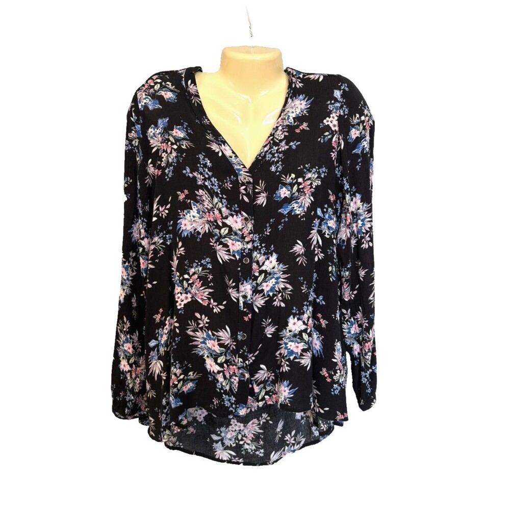 Free people floral blouse M boho button long sleeve hi lo